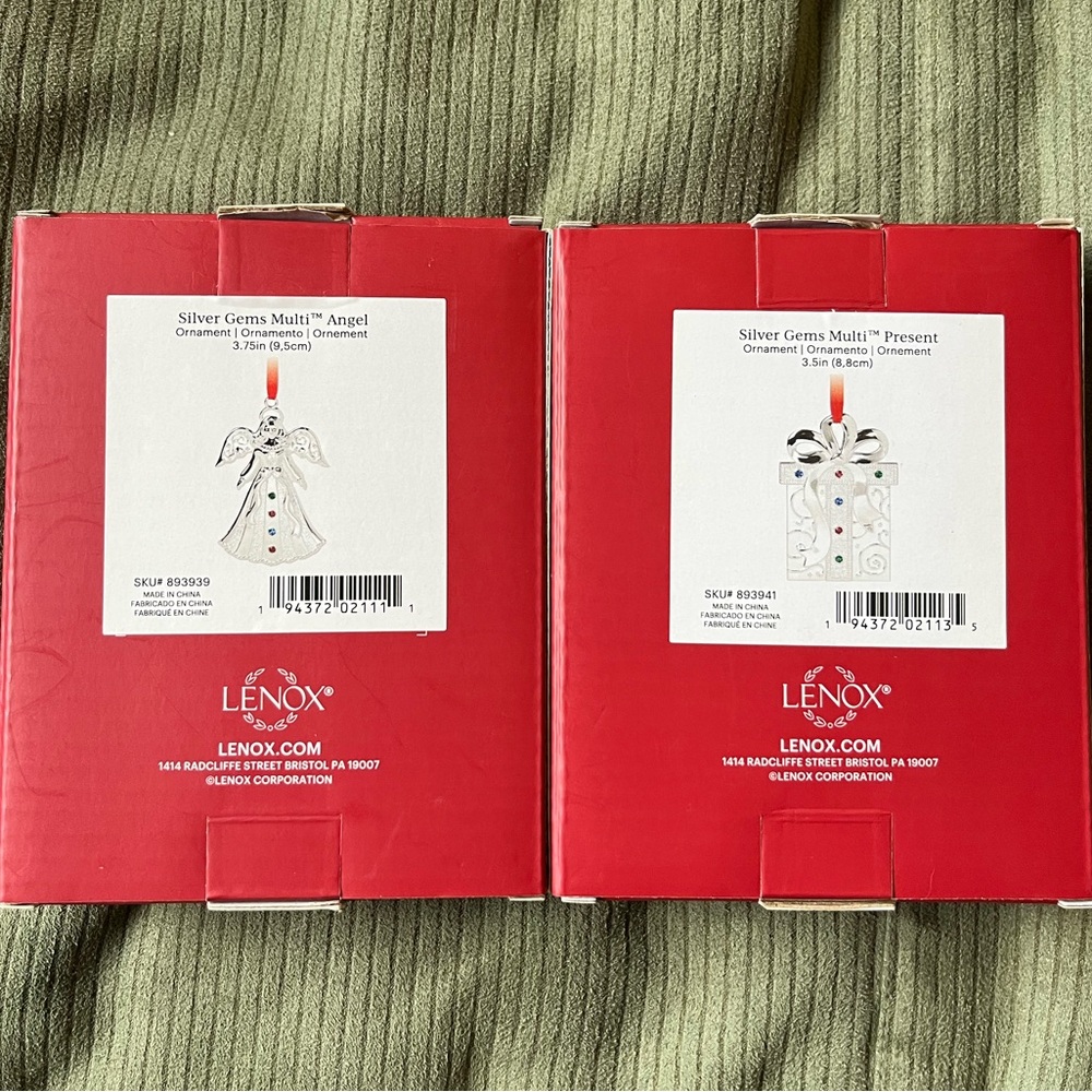 Set of 2 NWT Lenox Silver Gems Multi Present and Angel Ornaments